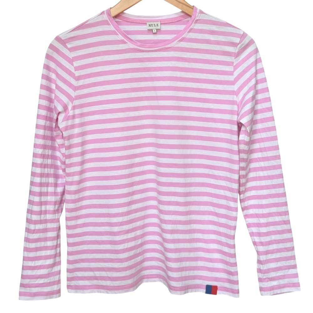 KULE The Modern Long Sleeve Pink White Stripe Crewneck Cotton Tee Shirt. Small.